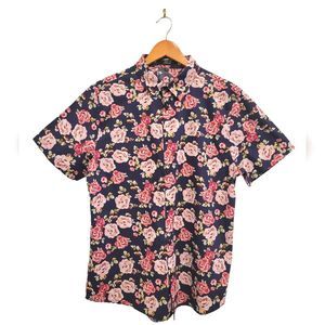 Thwei Floral Hawaiian Blue Pink 70s Casual Short Sleeve Button Down Shirt XL